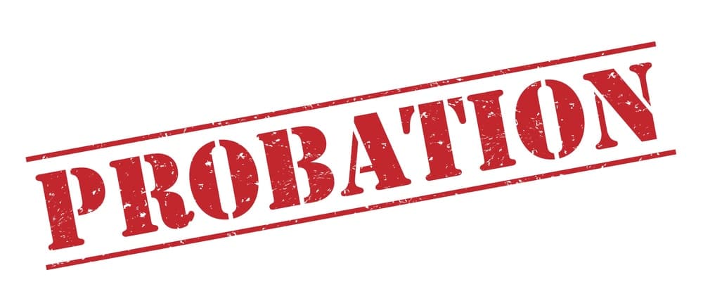 Image is of a bold red probation stamp, symbolizing official court status and eligibility for probation review.