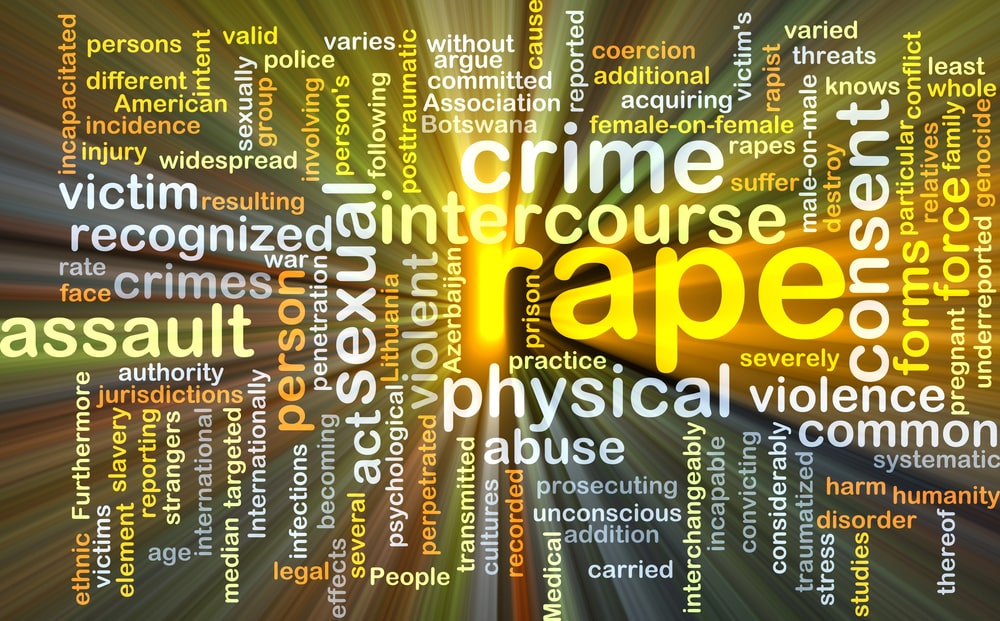 Image shows a word cloud related to rape, assault, consent, and sexual violence, concept of sexual criminal charges in legal cases.