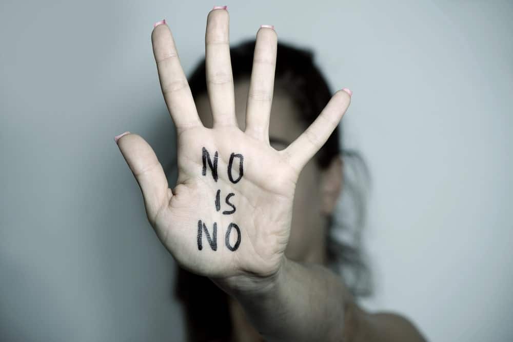 Image is of a person holding up a hand with the words no is no written on the palm, concept of Tennessee protective orders and personal safety warning